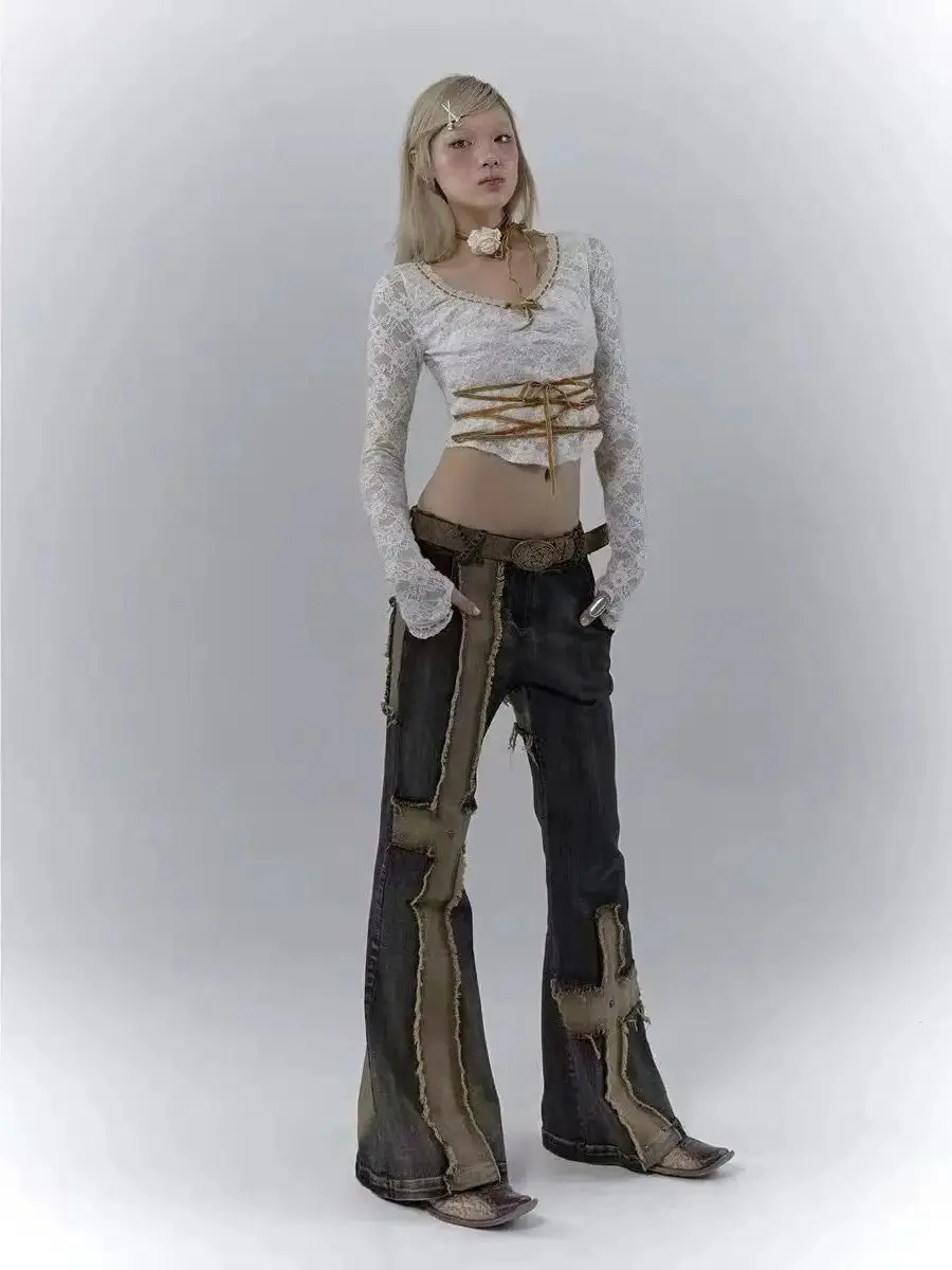 Flare Jeans Rough Edges High Waist Grunge Aesthetics Distressed Jeans Vintage Patchwork Wasteland Punk Do-Old Denim Pants Gothic