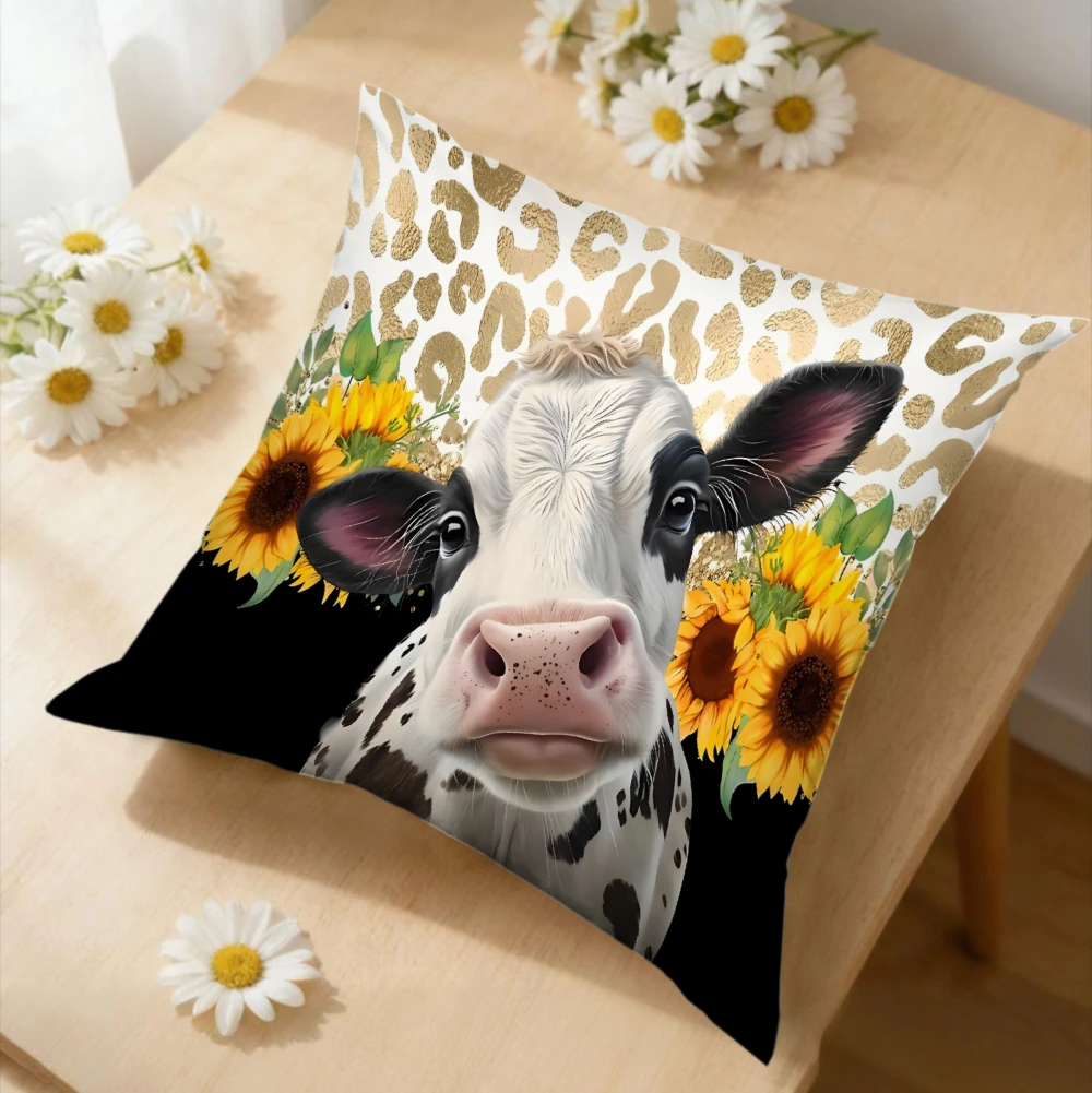 1Pc Cute Cow Sunflower Leopard Print Cushion Cover White Black Gold Pillowcase For Sofa Bed Living Room Decorative Throw Case x-
