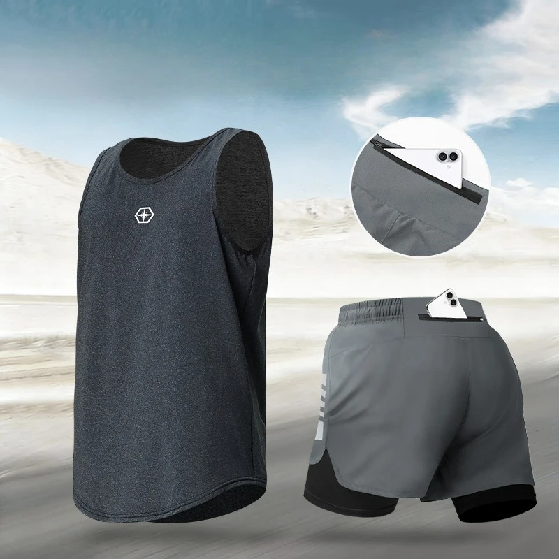 

Summer Track Suit Sleeveless Shirt+Shorts 2 Piece Sets Boxing Sports Sets Gym Workout Stretch Quick Drying Tops Running Sets