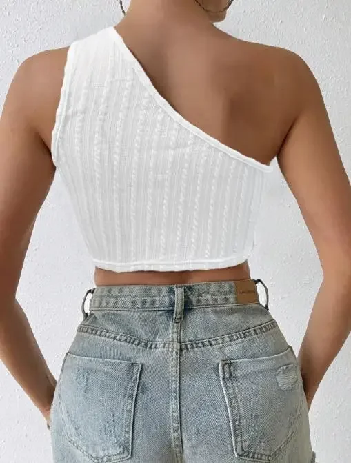 Summer New Women's Sexy Single Shoulder T-Shirt with Tassel Design Short Style with Fashion Exposed Navel Off Shoulder Top