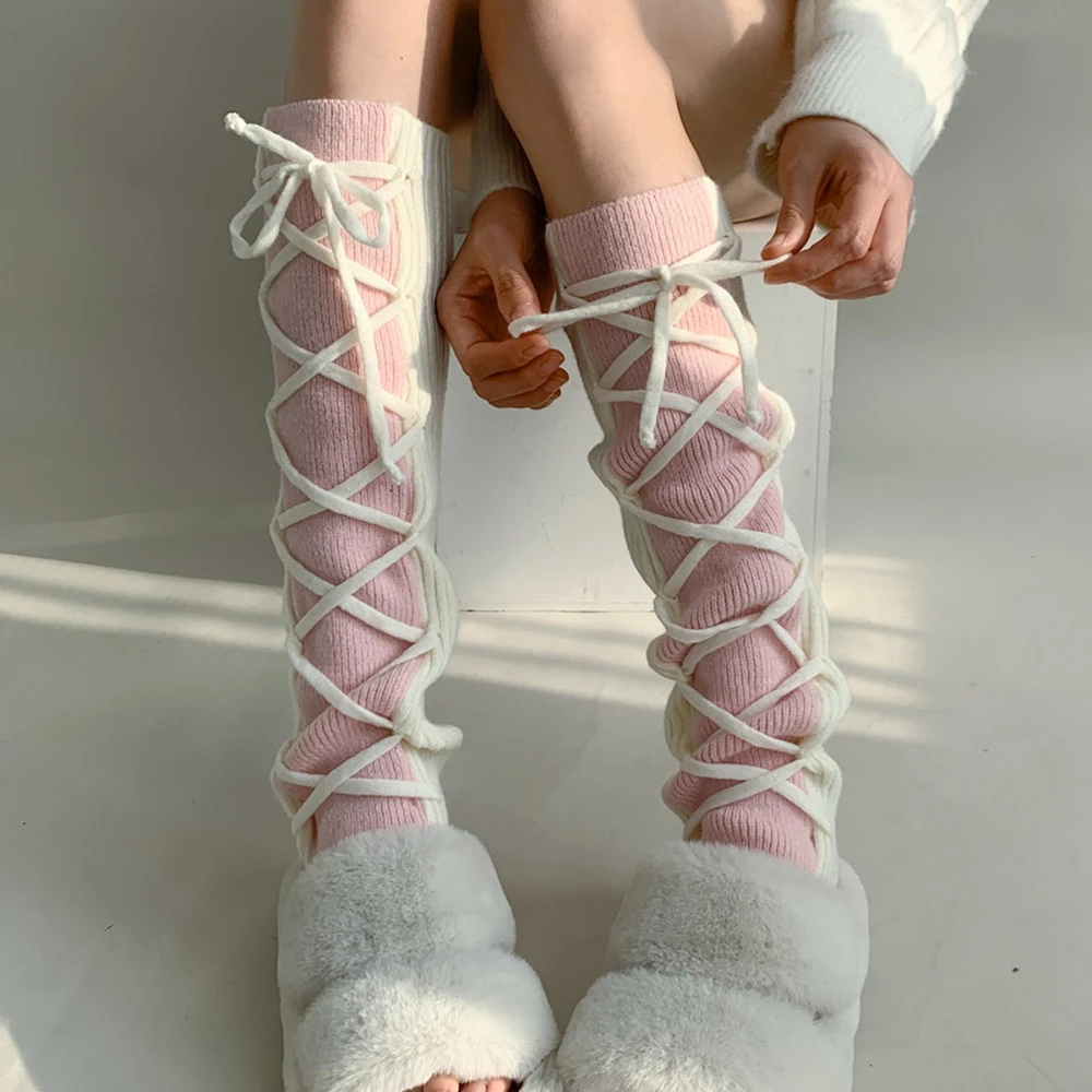 

Женские осенне-зимние вязаные галстуки с бантом, подкладка для носков, нишевые корейские леггинсы с крестом, японские леггинсы Jk, корейские трендовые леггинсы