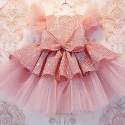 Christmas Sequin Cake Double Baby Girl Dress 1 Year Birthday Newborn Party Wedding Vestidos Kids Christening Toddler Clothes