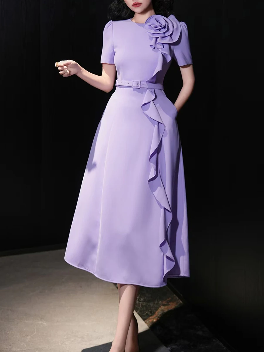 

Solid Spliced Appliques Dresses For Women Round Neck Short Sleeve High Waist Patchwork Belt Split Dress Female New
