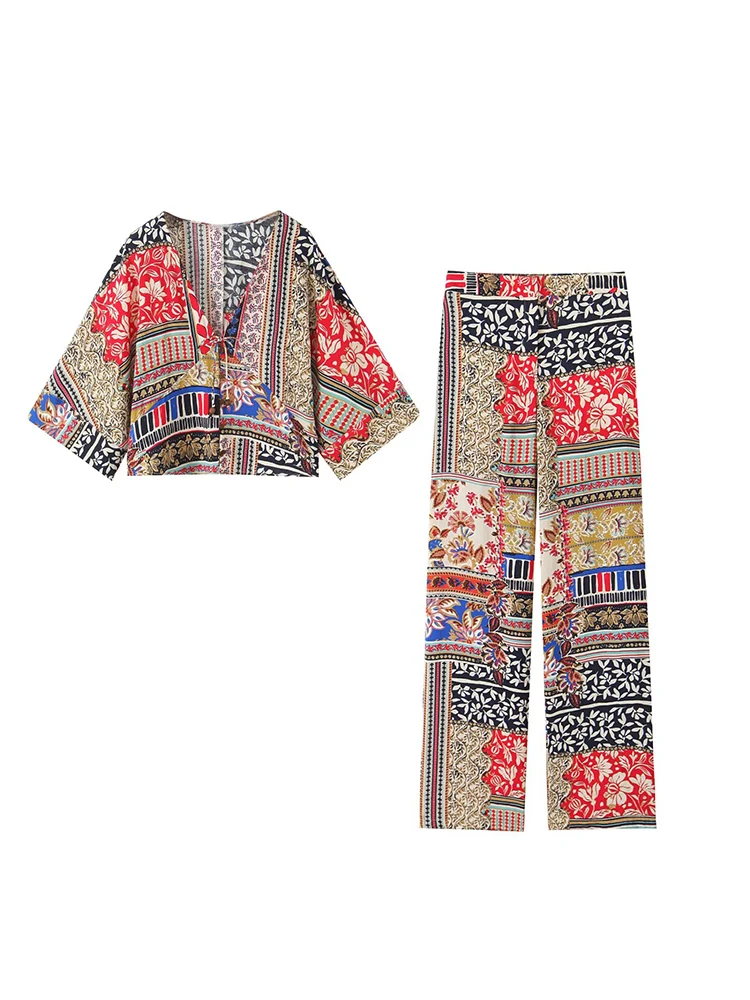 

KUCLUT Women Fashion 2 Piece Set Printed Single Breasted Shirts & Vintage Front Zipper Trousers Feamle Chic Lady Pants Sets