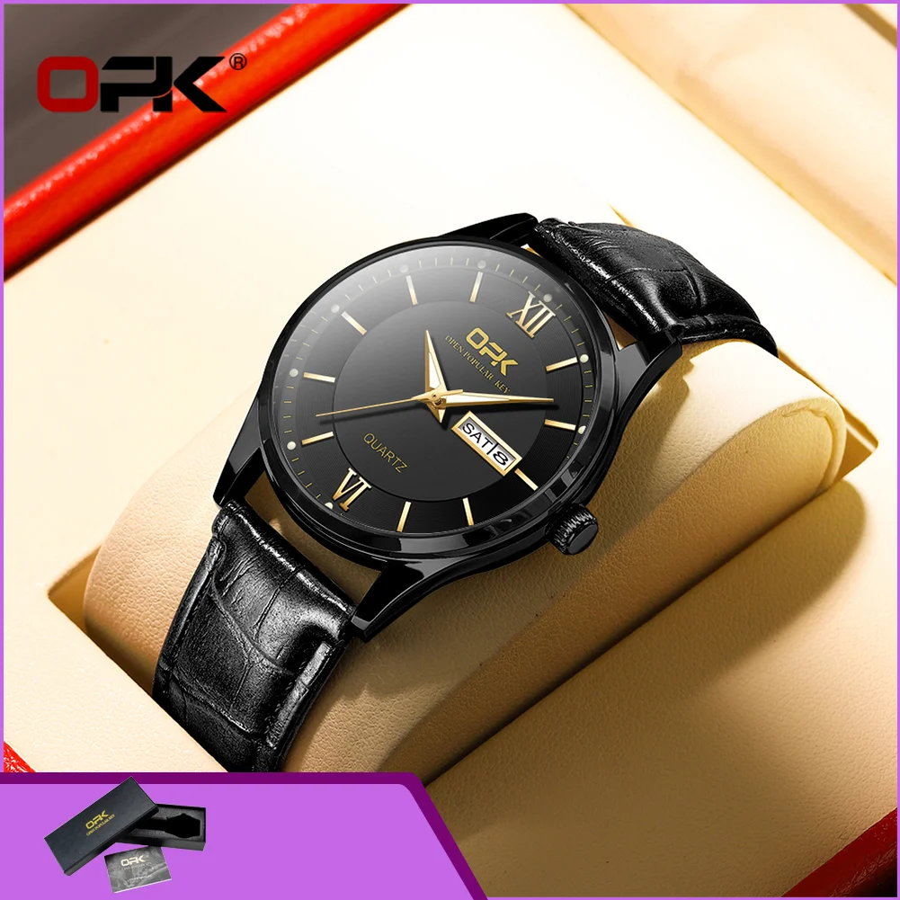 OPK 8132 Business Luxury Watch for Men Date Week Display Waterproof Luminous Leather Strap Fashion Sport Quartz Man Wristwatch
