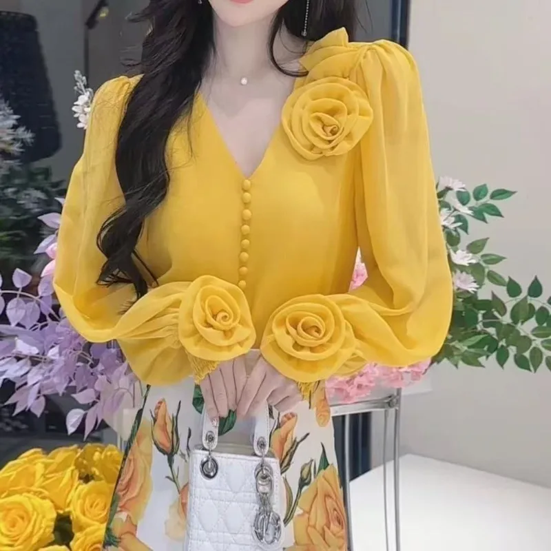 Vintage elegante flor 3d camisa con cuello en V Mujer primavera otoño todo-fósforo Blusas Mujer De Moda 2025 Blusas de moda para chica electrónica