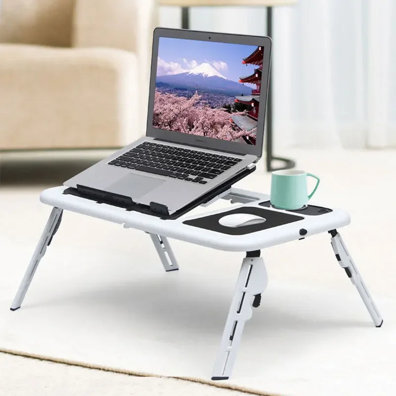 

Portable Folding Adjustable Laptop Table with Cooling Fan USB for Bed Workbench Studying Reading Gaming Small Stand Table Desk