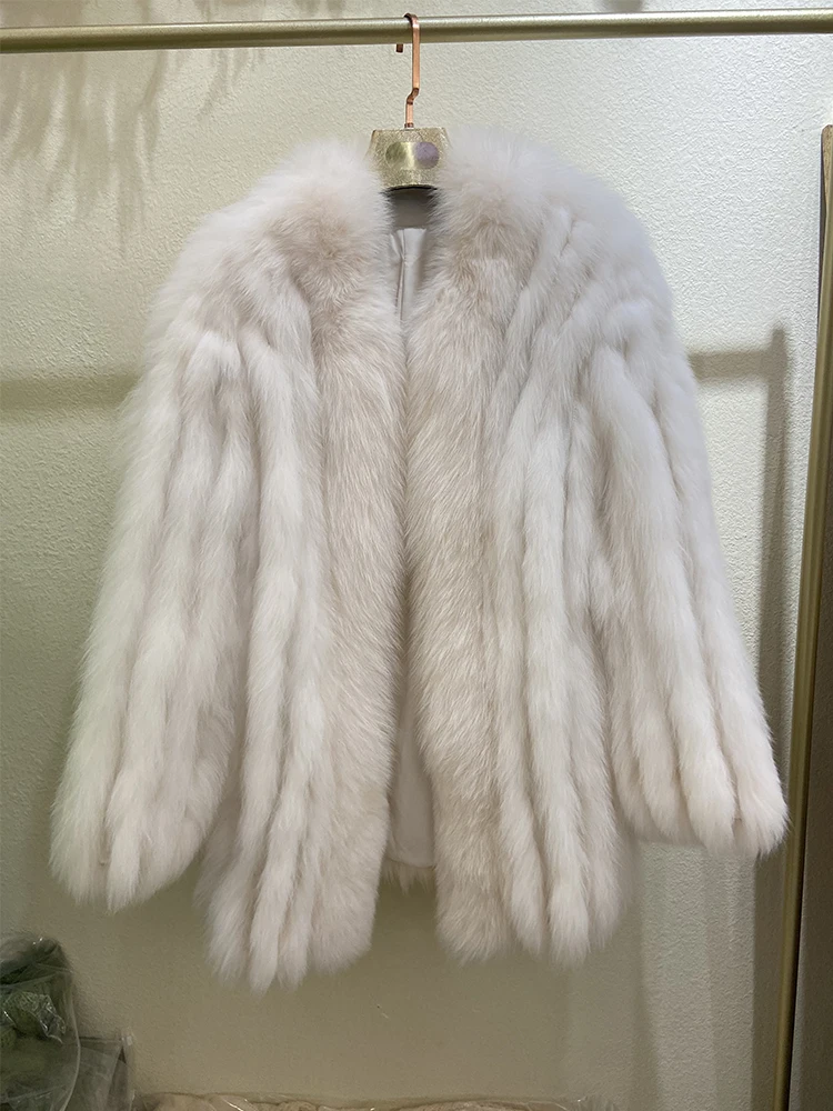 Women Winter Thick Warm Fluffy Real Fox Fur Long Oversize Loose Winter Real Fox Fur Overcoat 75cm Length