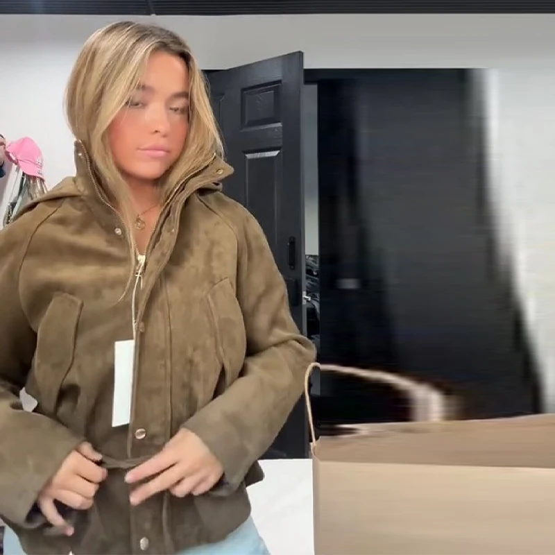 

Women's Elegant Faux Suede Short Jacket Autumn Winter Vintage Casual Adjust Waist Thick Coat Female High Neck Hooded Streetwear