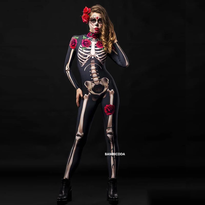 Halloween Scary Cosplay Adult Kids Rose Skeleton Scary Costume Sex Jumpsuit Carnival Party Women Girl Fright Set Day Of The Dead