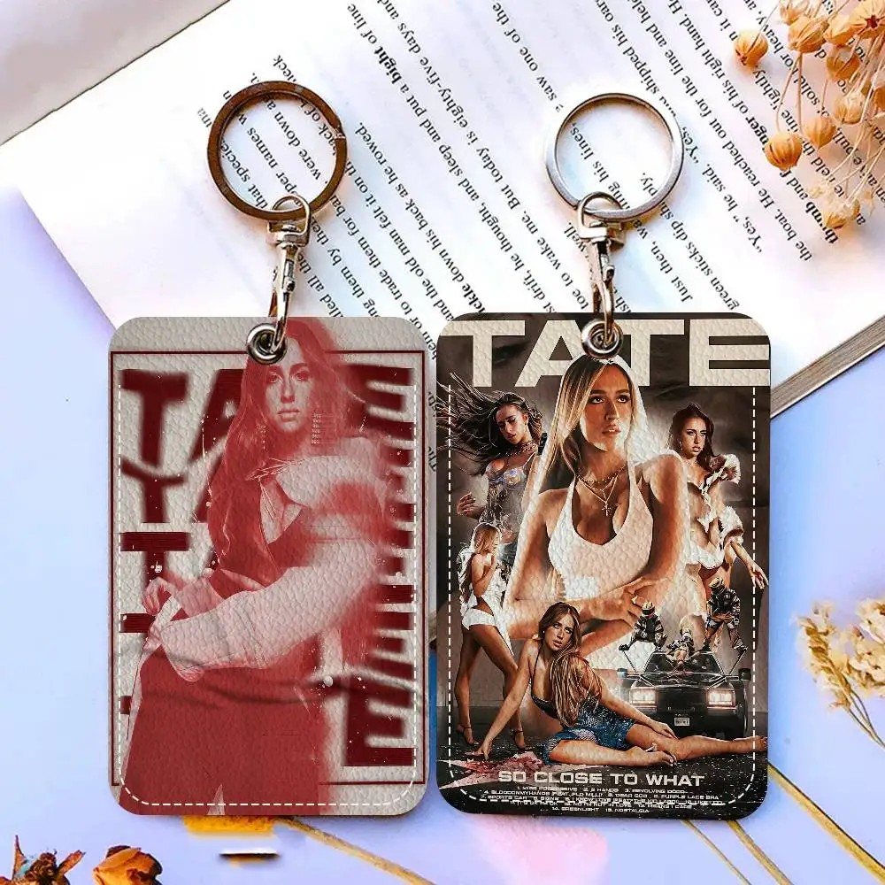 Singer Rapper Tate McRae Anime Rectangle ID Card Case Keychain Access Card Bag Key Tag Ring Leather Card Holder Key Ring Access
