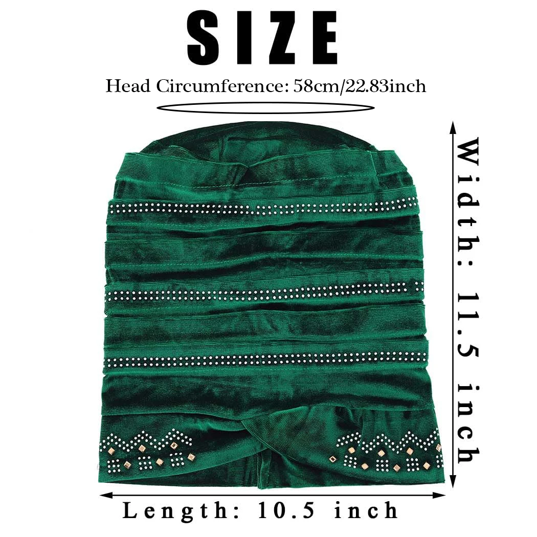 African Pre-Tied Hijab Headwraps Green Crystal Head Wrap Pleated Velvet Stretchy Daily Prom Turban Beanie Caps for Women