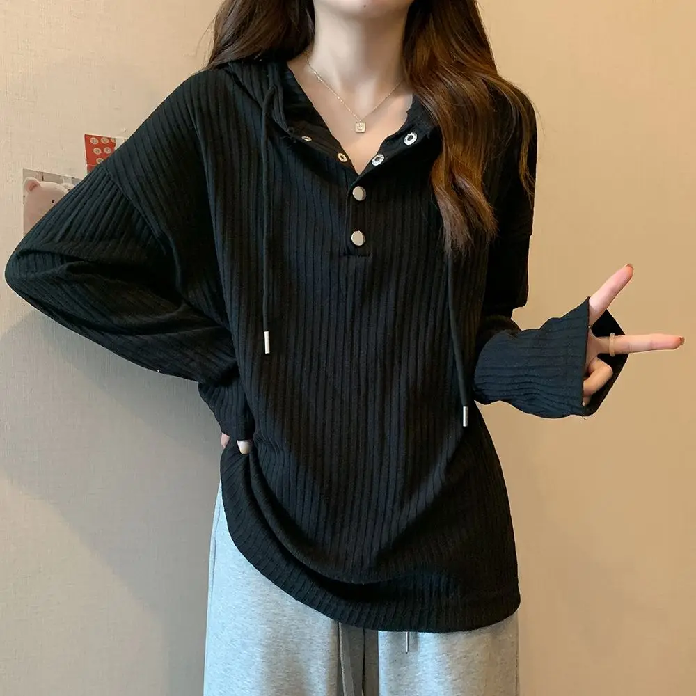 Oversized Long Sleeved Loose Hooded T-shirt for Women Spring Autumn New Casual Commuting Pit Stripe Versatile Trendy Female Top