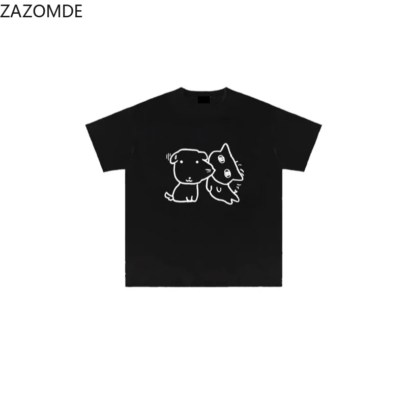 ZAZOMDE 2026 SUmmer Man Women Vintage Simple Line Art Cat Dog Print T Shirt Aesthetic Casual Crew Neck Short Sleeve Unisex Top
