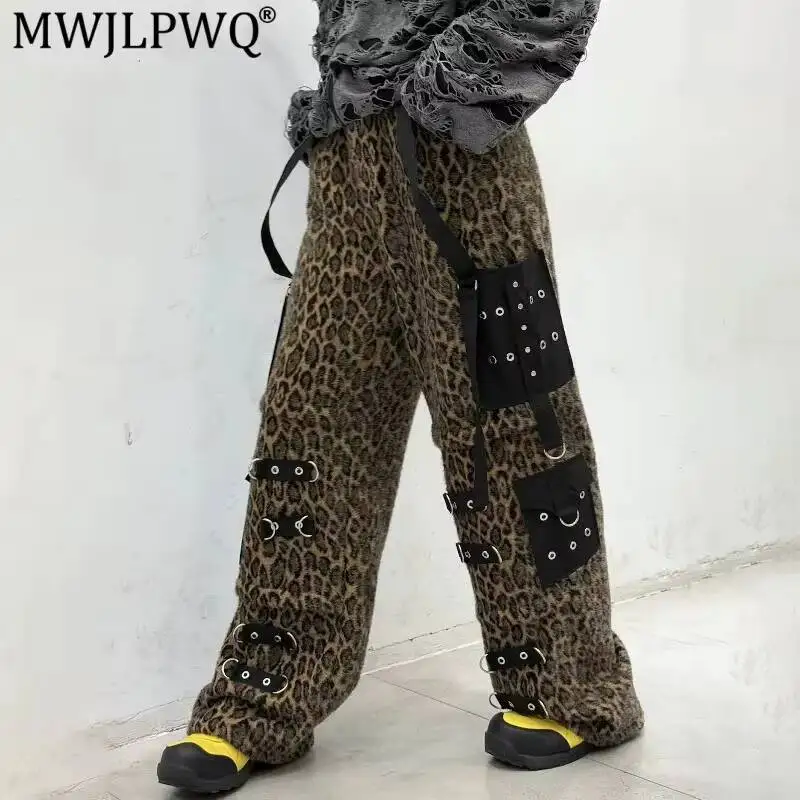 MWJLPWQ Retro Leopard Print Casual Pants For Men American Decorated Rivets Design Spring Autumn Loose Wide-Leg Trousers 14969