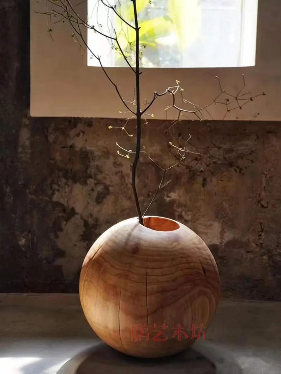 

solid wood vase flower device wabi sandy wind carbonization creative round spherical floor ornament