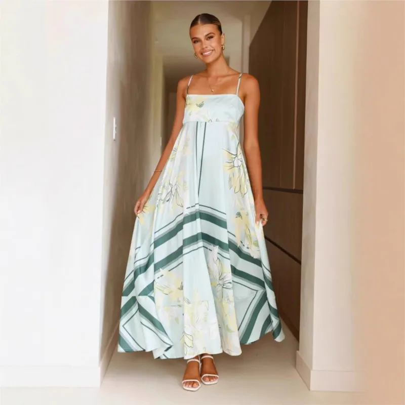 

Sexy Backless Floral Print Long Dress 2025 Women Summer New Fashion Elegant Spaghetti Strape High Waist A-line Holiday Dresses