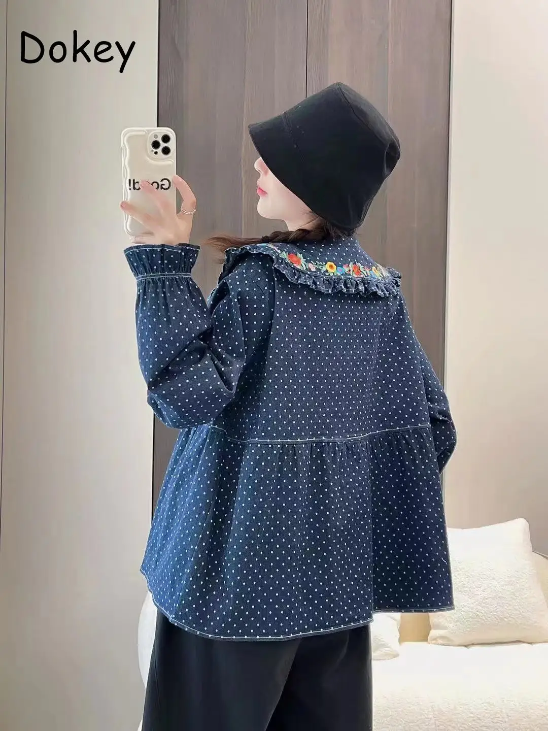 Women Flower Embroidery Blue Denim Kawaii Shirts Japanese Mori Girl Peter Pan Collar Long Sleeve Lolita Blouse Autumn Loose Tops