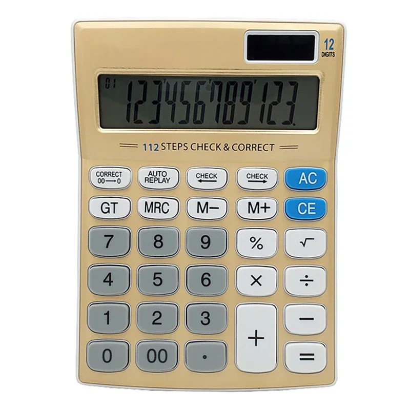 Gold 12 Digits Solar Calculator Dual Power Supply Office Commercial Electronic Calculator Student Exam Calculator Stationery