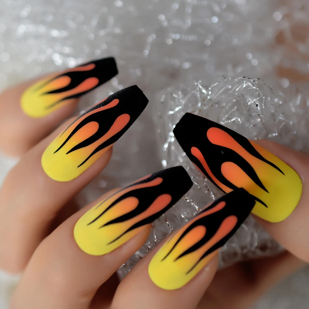 Faux ongles extra longs en forme de cercueil pour dames, jaune, orange, ombré, feu, flamme noire, faux ongles, N64.24, 256