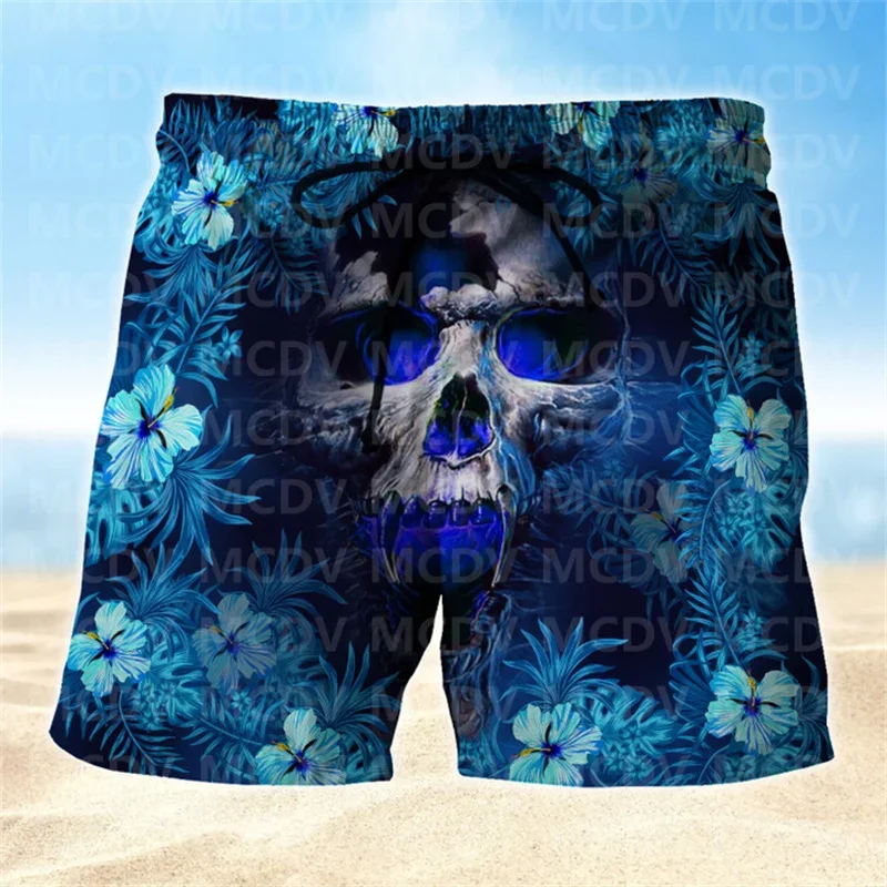 Black Melting Skull Skull Short Lover Men's Swim Trunks, Skull Lover Hawaiian Shorts for Men