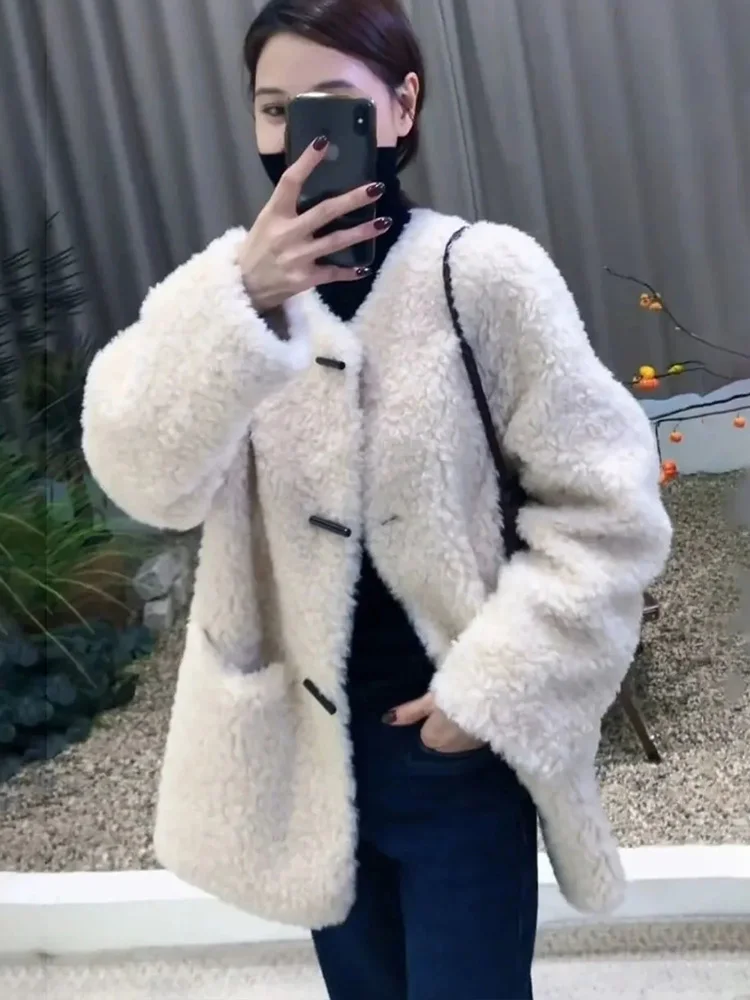 O Neck Cute Faux Lamb Coat Women Sweet Fashion Preppy Style Winter Jacket Korean Chic Long Sleeve Pockets Solid Kawaii Outwear