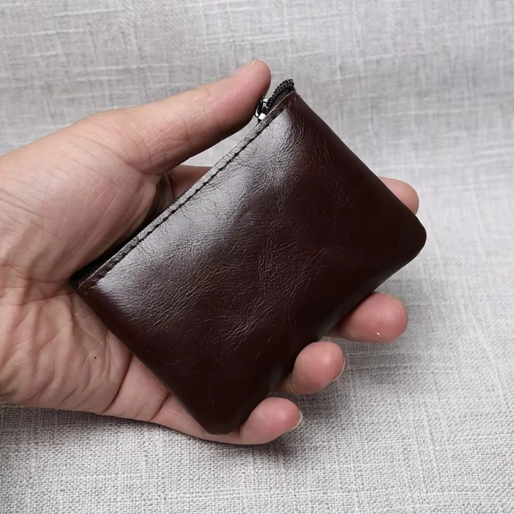Simple Leather Mini Coin Purse Portable First Layer Cowhide Zipper Small Wallet Handmade Key Case Short Handbag