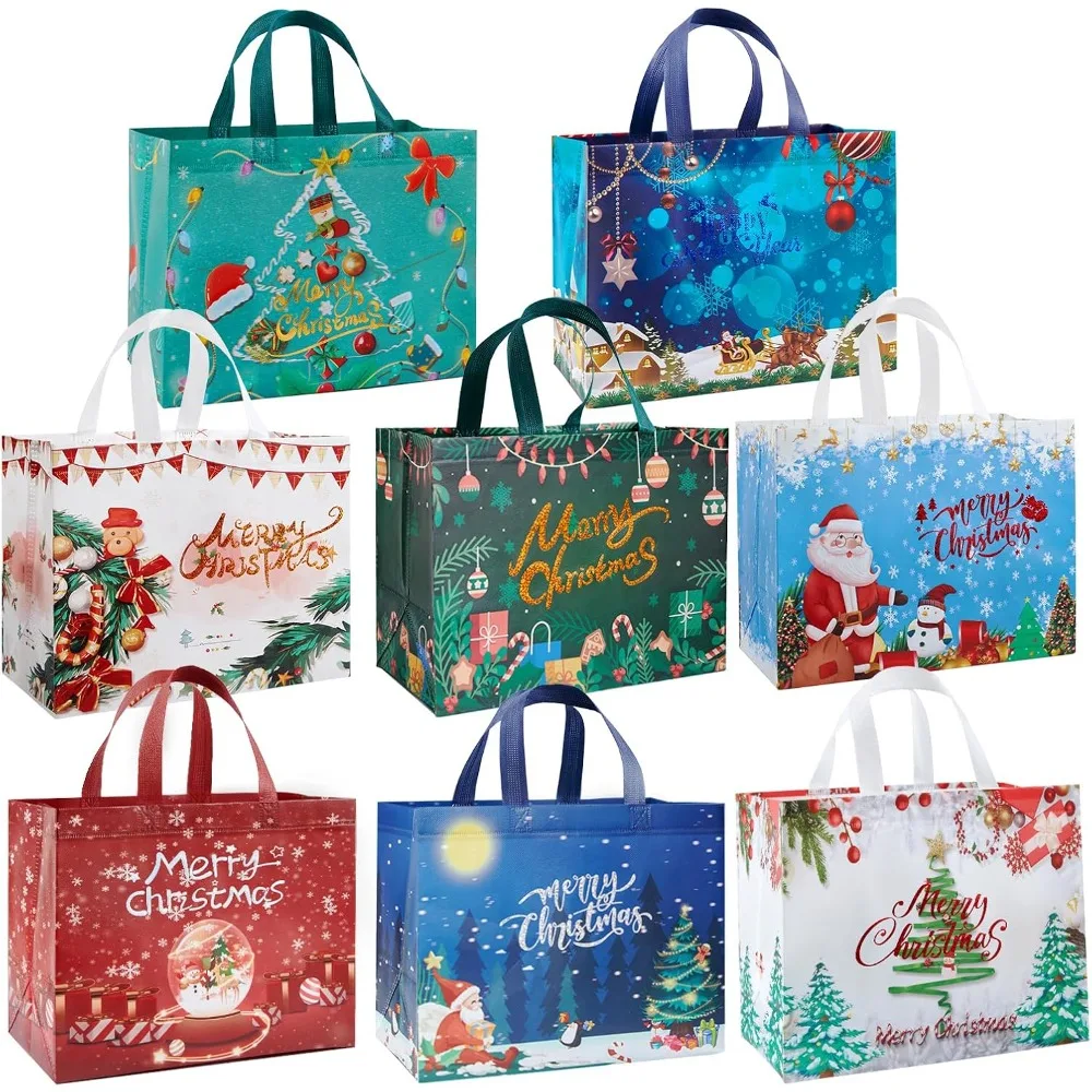 

8 Pack Christmas Gift Bags with Handles, Large Non-Woven Tote Bags for Wrapping Xmas Party Favors, 12.8x9.8x6.7