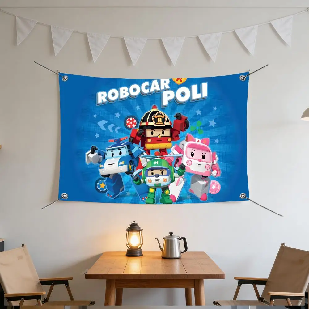 Banderas de Robocar Poli, la Patrulla Canina, Antiarrugas, Impermeables, Acogedoras, para Decoración del Hogar en Interiores y Exteriores