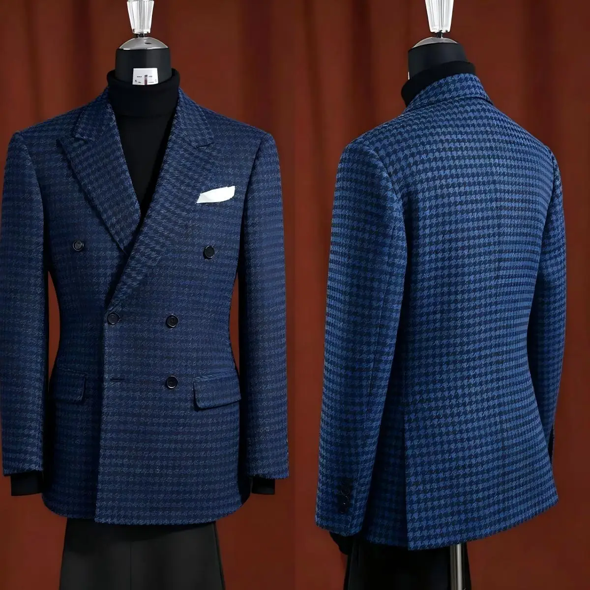 Retro Men Casual Jacket Houndstooth Checked Double Breasted Peak Lapel Slim Fit Party Coat Customized Office Formal Blazer