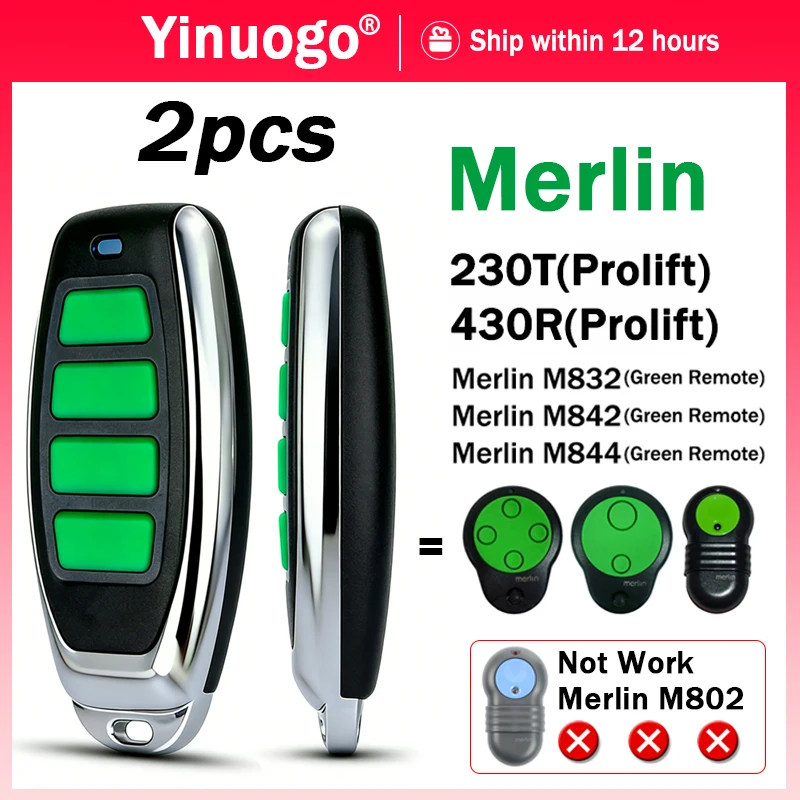 Work With MERLIN M844 M842 1A6487 M832 433.92MHz Green Garage Door Remote Control and Merlin ProLift 230T 430R Sectional Opener