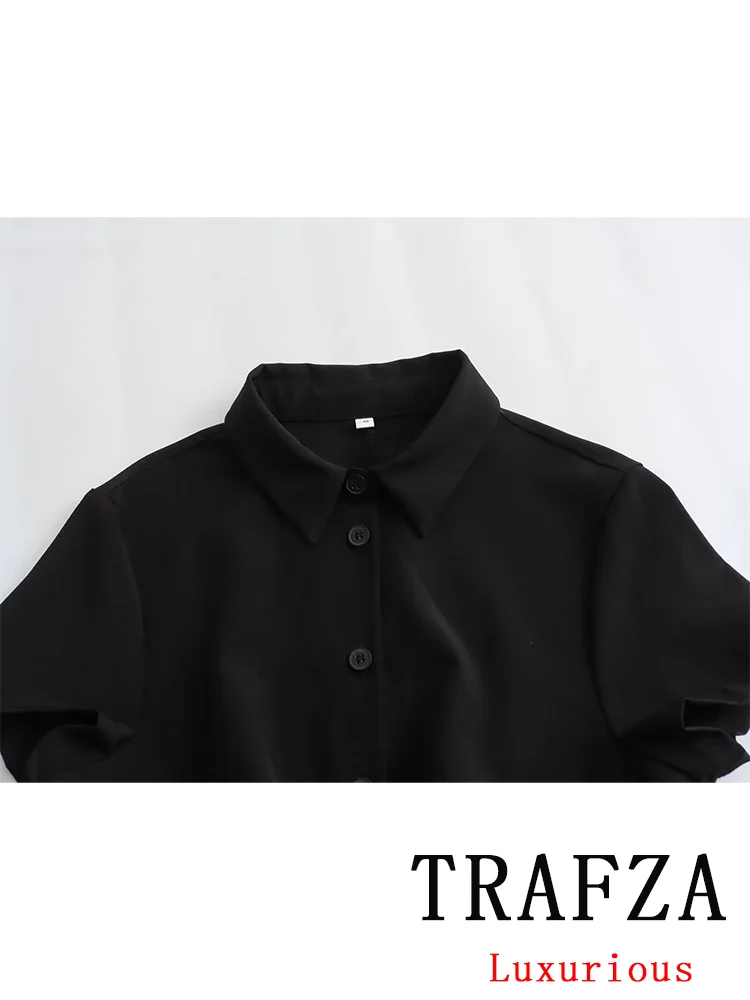 TRAFZA Vintage Chic Black Women Dress Solid Short Sleeve Straight Mini Vestidos Fashion 2024 Spring Office Lady Ruffles Dress