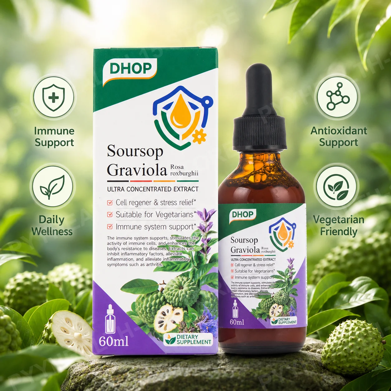 Gotas de Guanábana DHOP 60mL con Cúrcuma, Musgo Marino, Vitamina C, B6 y Pimienta Negra, Suplemento de Bienestar a Base de Plantas