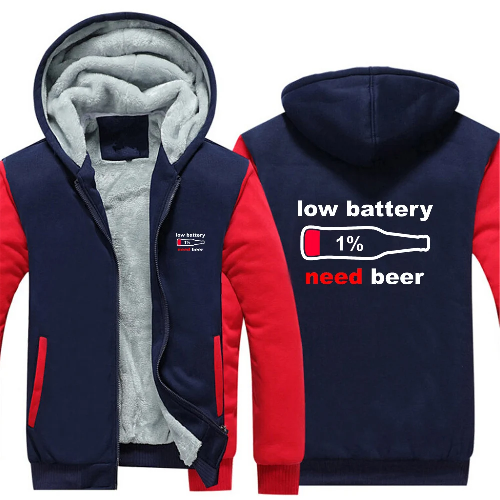 

Cold Protection Jacket Coat Funny Low Battery Need Beer Drinking Party Free and Unrestrained Fashion Designer Hoodies