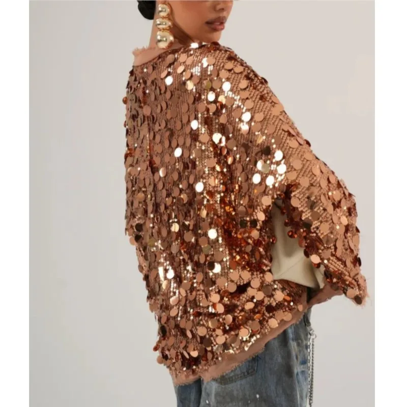 Women Sequin Long Sleeve Loose Jacket New Autumn Winter Lady Sexy V Neck Lace Up Club Coat Fashion High Street Patchwork Outwear