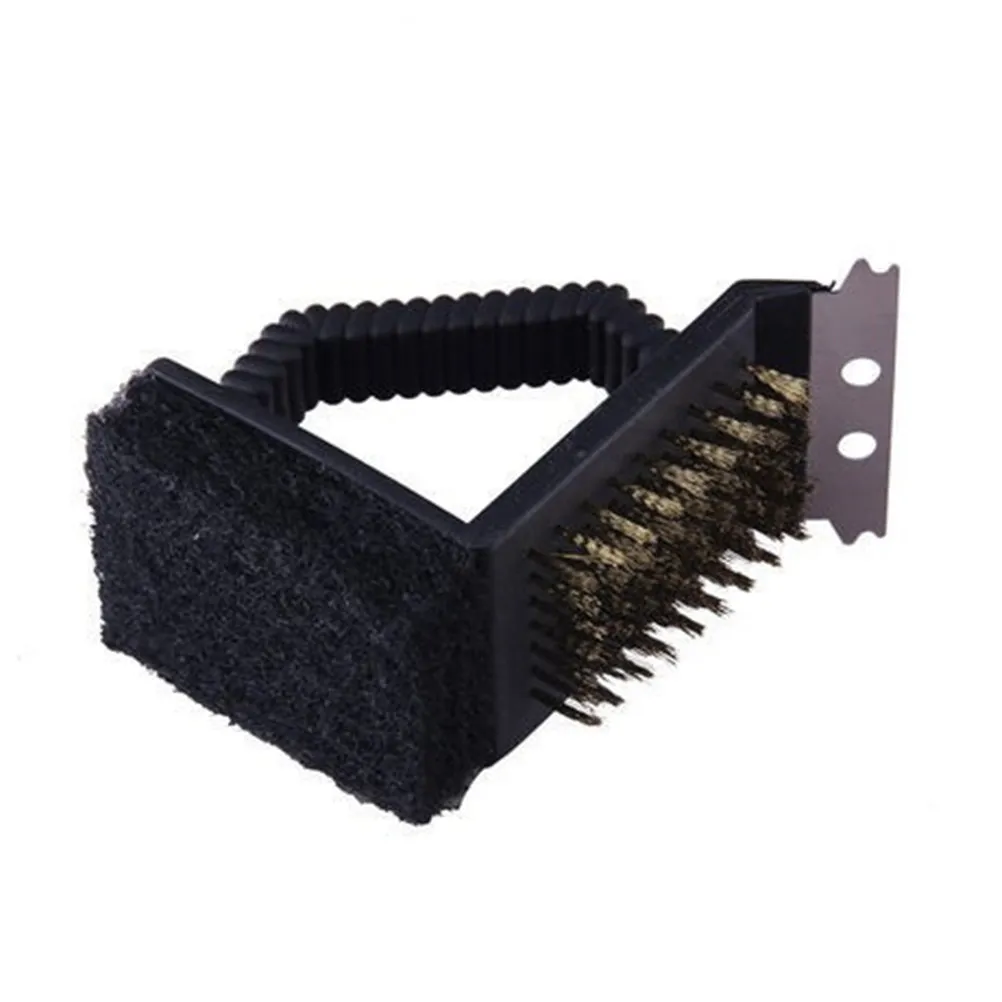 3-in- Barbecue Grill Brush Scraper Scouring Pad with Stainless Steel Scraper Brass Bristles Ergonomic Handle Bbq