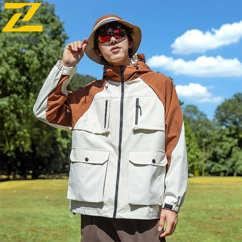 

COMXZ 2025 весенне-осенняя куртка мужская с капюшоном свободная рабочая одежда в горном стиле уличная лоскутная повседневная ветровка с цветными блоками
