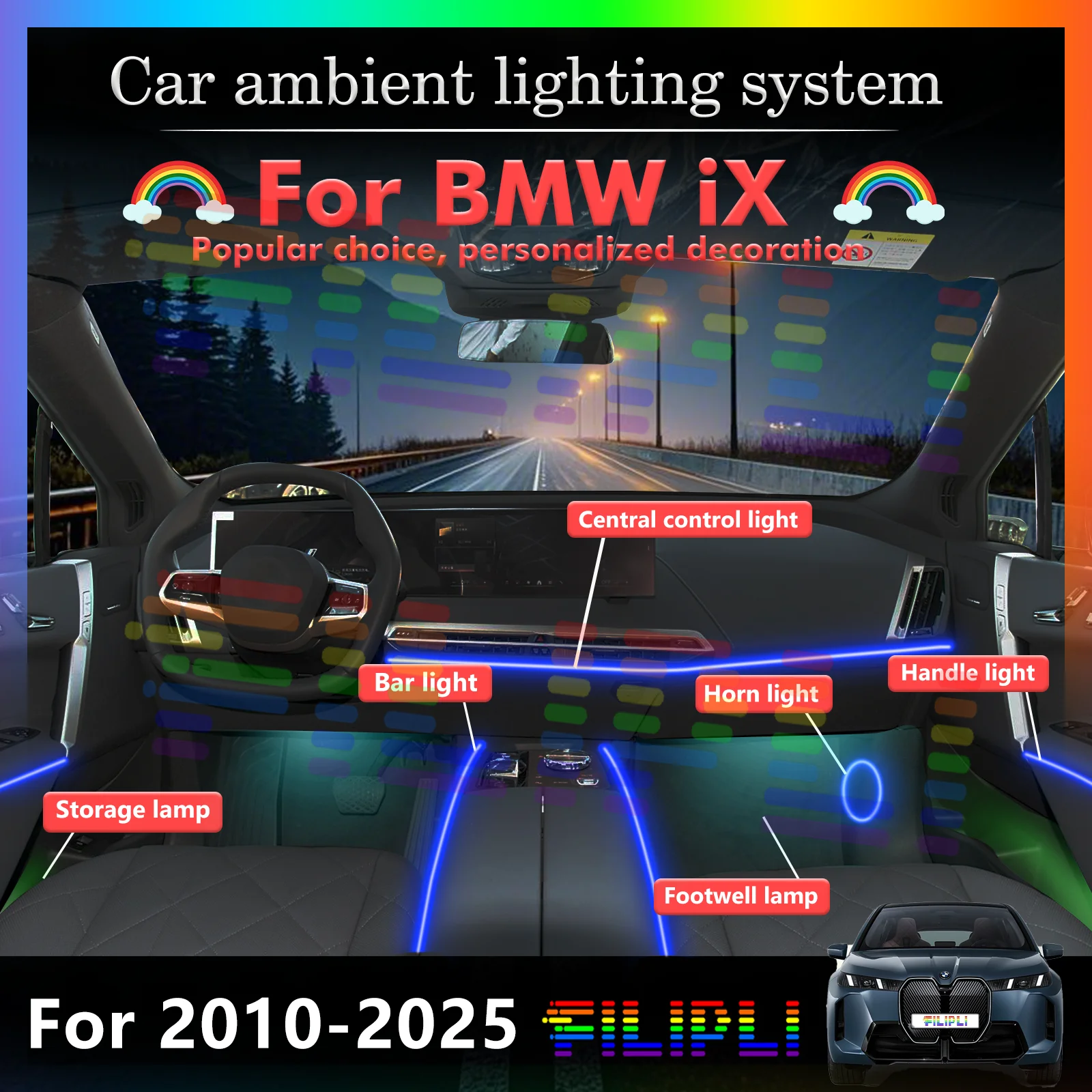 

For BMW ix Car Interior Ambient Light RGB 64-Color LED Smart Remote Control Energy Saving Lamp Set