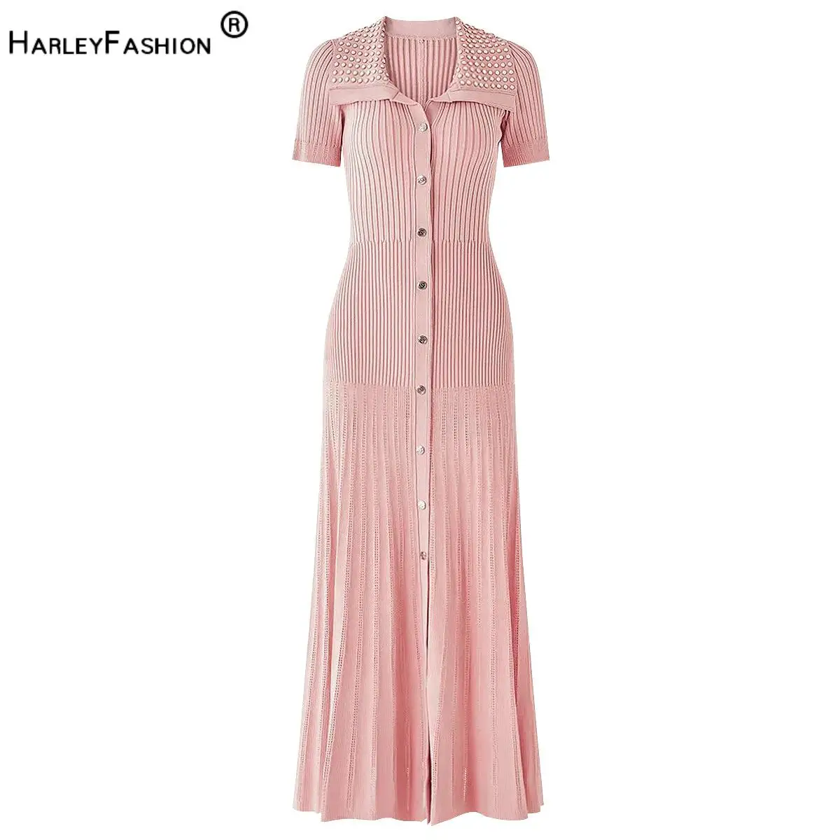 

Lady Quality Summer in Stock Solid Beading Turn-down Collar Short Sleeve Women Knit Slim Fit and Flare Maxi Dress Pink