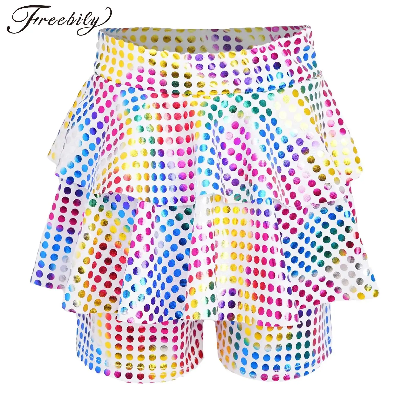 Kids Girls Metallic Shiny Hip Hop Jazz Dance Skirted Shorts Elastic Waistband Athletic Skater Culotte Cheerleading Dancewear