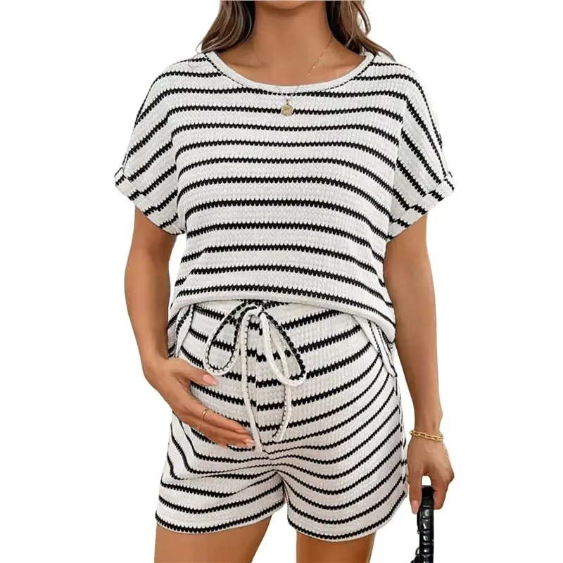 womens-maternity-2-piece-outfits-striped-crew-neck-short-sleeve-tee-and-shorts-pregnancy-sets-white-s