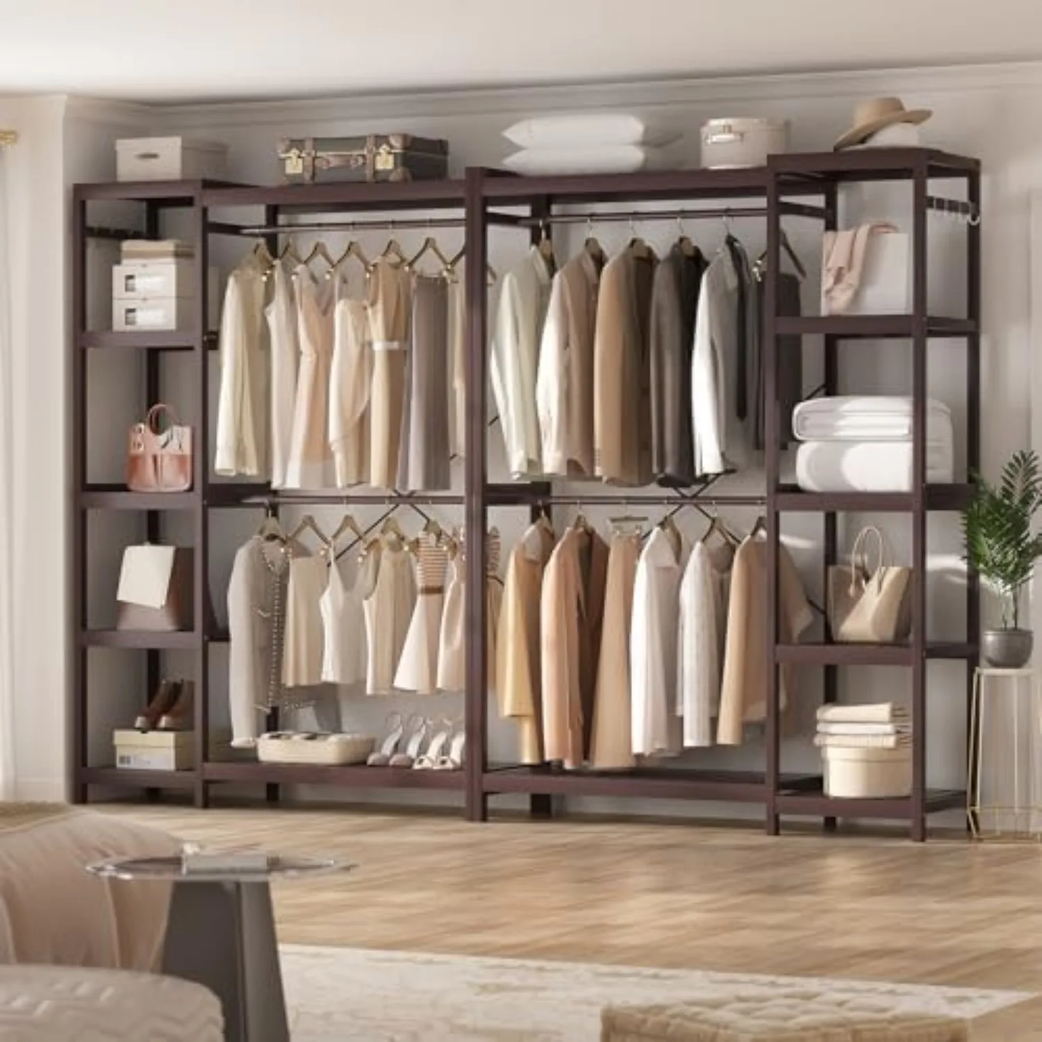 Bamboo Closet System, Heavy Duty Clothing Rack for Hanging Clothes, Freestanding Clothes Rack with 7 Adjustable Shelves
