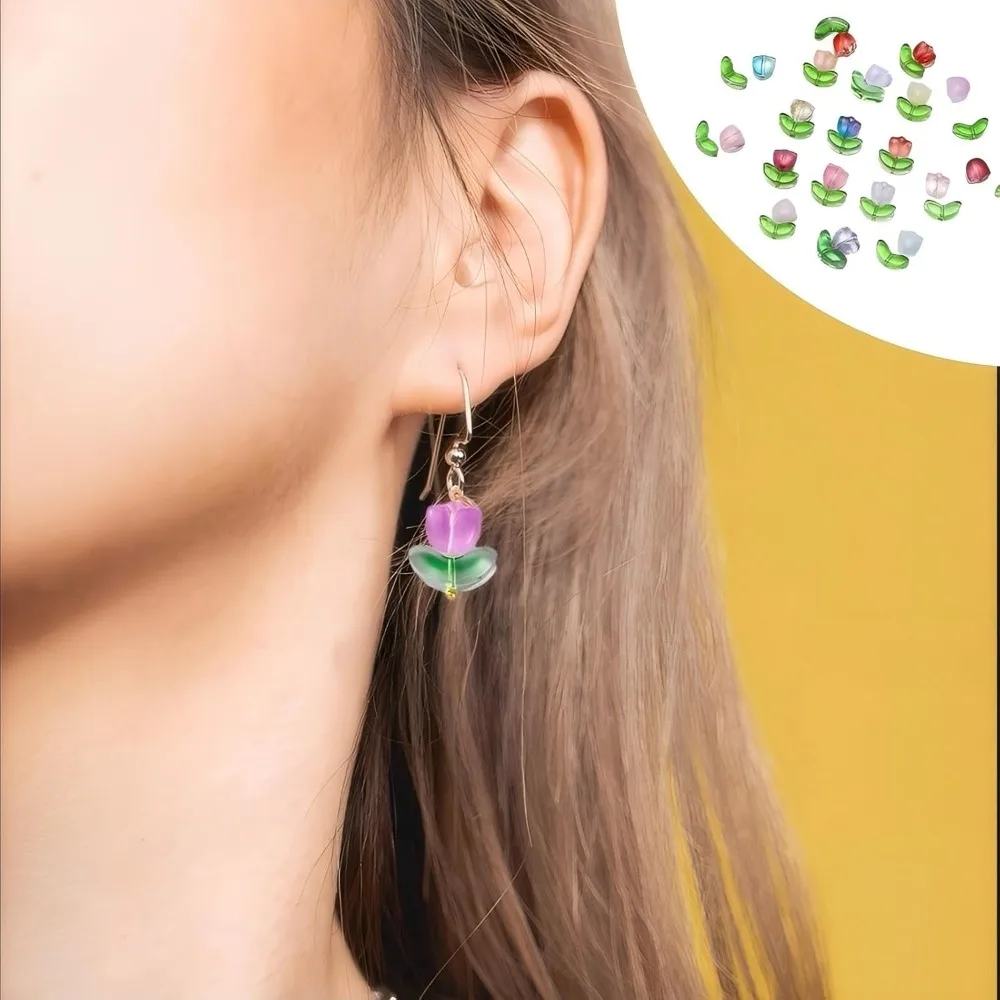 10/25/50/200 Set Tulip Flower Colorful Translucent Bracelet Beads Handcrafted Cute Flower Glass Bead for DIY Jewelry Making Gift