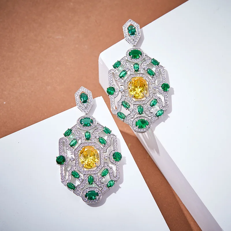 Designer Collection Retro Necklace Earrings Women Lady Inlay Green Yellow Cubic Zircon Plated Gold Color Rhombus Pendant Chain