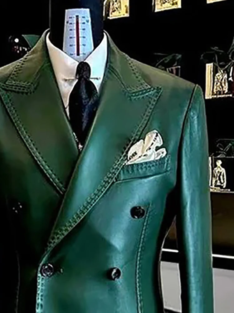 

Элегантный зеленый мужской костюм из искусственной кожи, двубортный деловой пиджак с лацканами и длинными рукавами, мужская верхняя одежда, модный винтажный пиджак