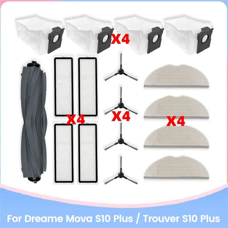 YANA50I Accessories Kit For Dreame Mova S10 Plus / Trouver S10 Plus Vacuum Parts Roller Side Brush Filter Mop Cloths Dust Bag