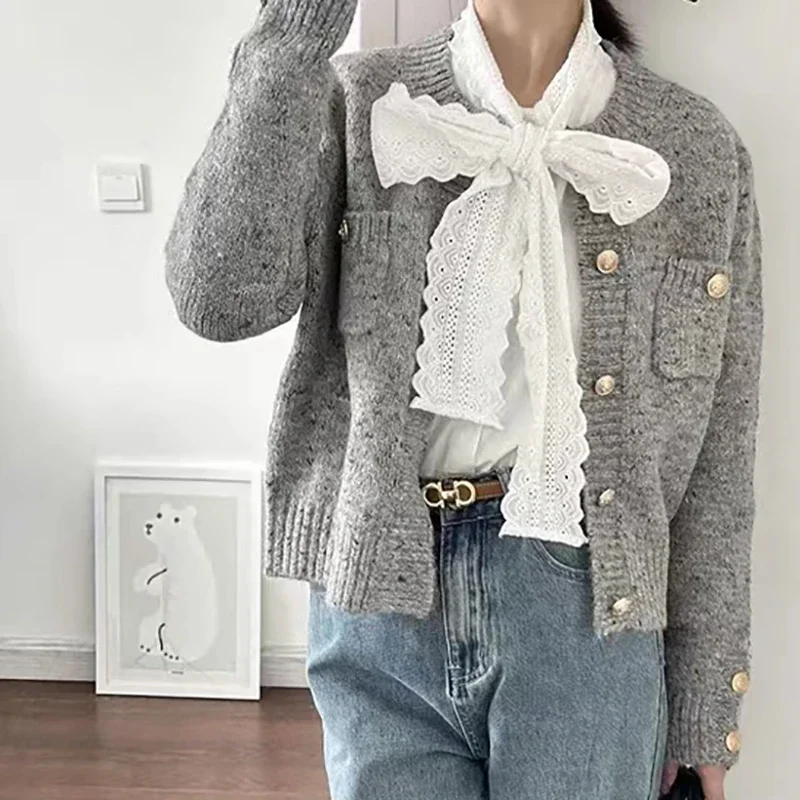 Buttons Up Gray Cardigan Sweater Coat Female Knit Long Sleeve V-Neck Elegant Office Sweater Solid Jacket Autumn Winter 2023