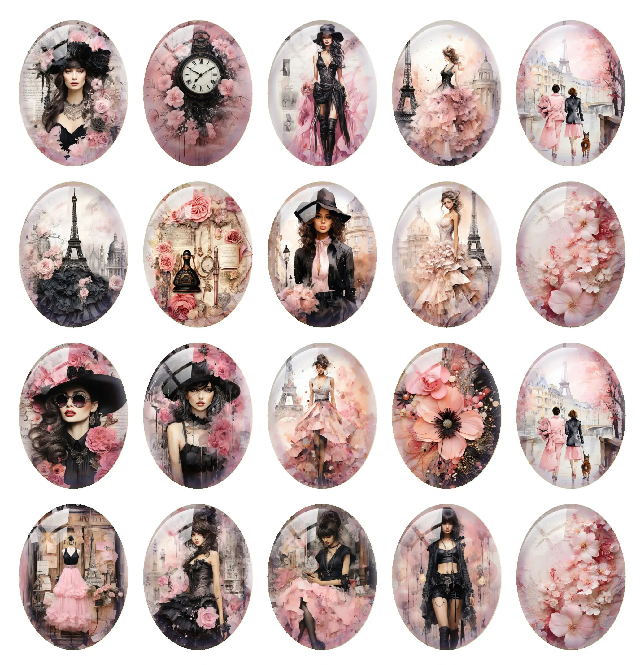 10pcs/lot Gothic Black Pink Paris Tower Flower Fashion Girl Oval Photo Glass Cabochon Flatback Demo Cameo For Diy Jewelry Making