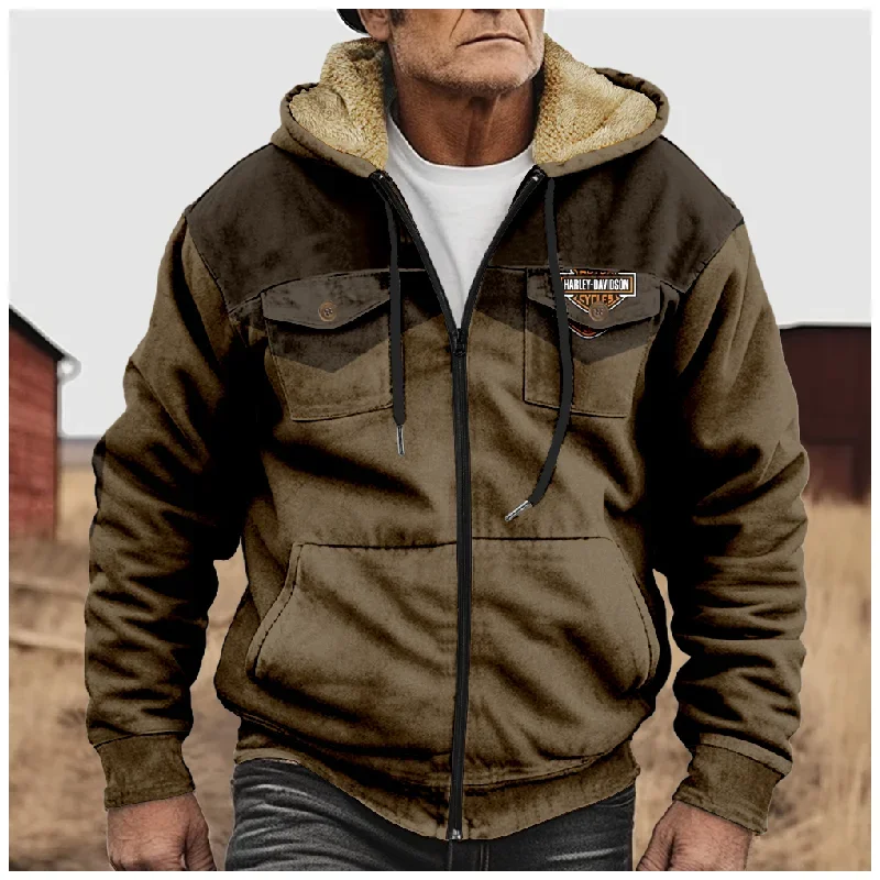 Winter Fleece Warm Jack Retro Heren Western Print Katoenen Rits Bovenkleding Man Trekkoord Rits Hoodies Sweatshirt