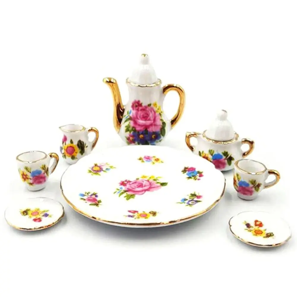 Blumendruck Puppenhaus Geschirr Geschirr Rosa Rose Puppe Porzellan Tee-Set Teller Teller 1:12 Miniatur Tassen Topf Rollenspiel
